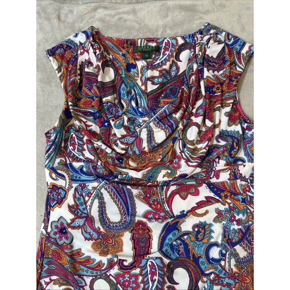 Lauren Ralph Lauren Dress Size 16 Multicolor Paisley Cowl Neck Cap Sleeve Sheath - Picture 4 of 10